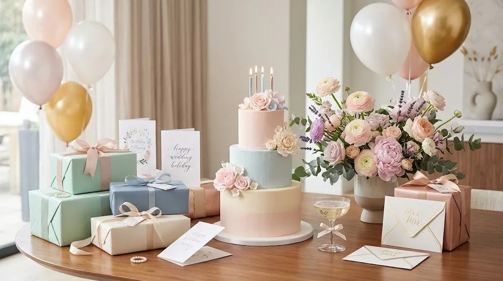 Celebration table with a three-tier pastel cake and lit candles, wrapped gifts in mint and blue, open greeting cards, flowers and balloons