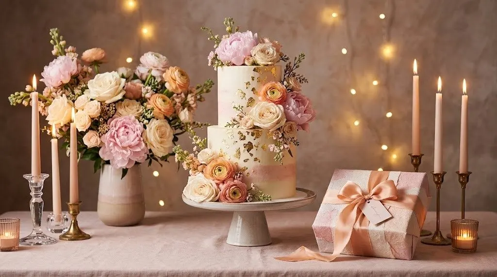 Two-tier pastel birthday cake decorated with roses and gold leaf on a stand, beside a bouquet of pink and cream roses, lit taper candles and a peach gift box