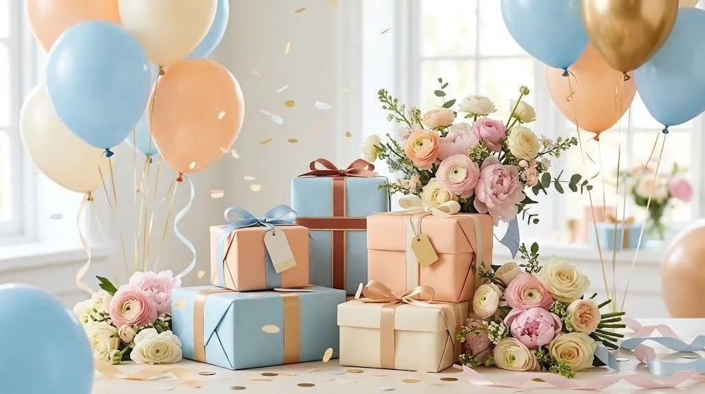 Stack of blue, peach and cream gift boxes tied with ribbon and gift tags, surrounded by pastel balloons, confetti and flowers