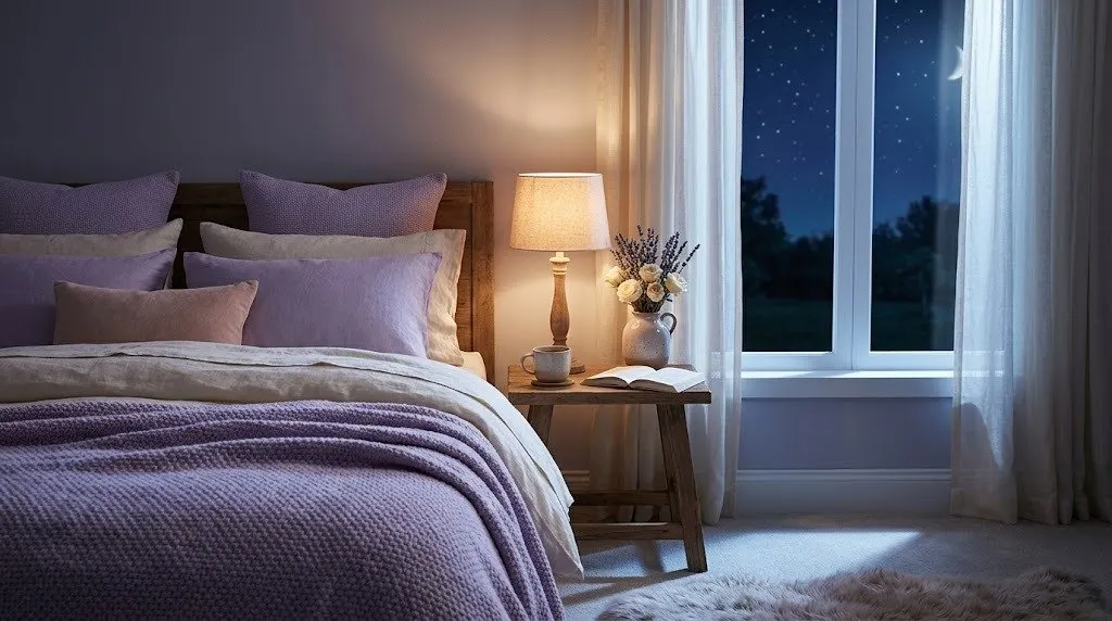 Bedroom at night in lilac and cream with a lit bedside lamp, an open book on the nightstand and a starry sky through the window