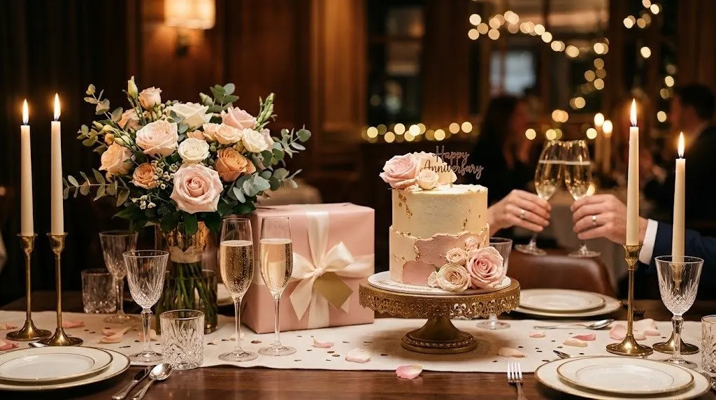 Anniversary dinner table with a cake topped by a Happy Anniversary sign, blush roses, tall candles, and a couple raising champagne glasses behind it