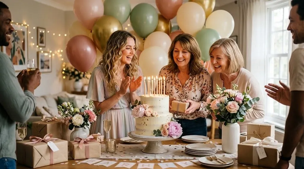 Friends and family gathered around a candlelit birthday cake at home, laughing as one of them is handed a wrapped present