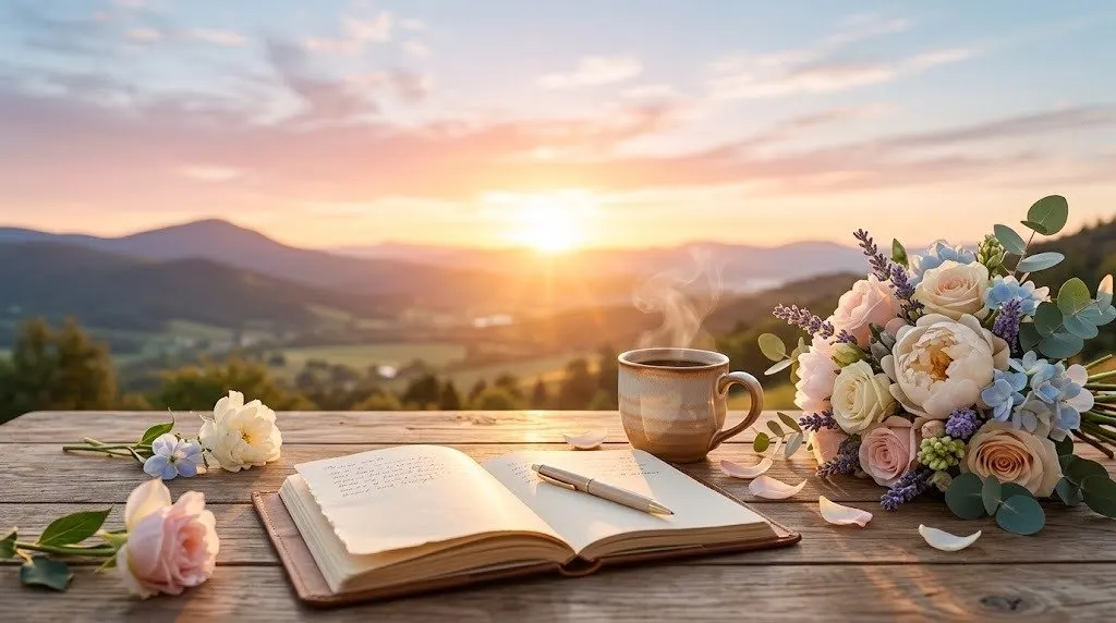Open notebook and pen on a weathered wooden table at sunrise, with a mug of coffee and a bouquet, looking out across misty hills