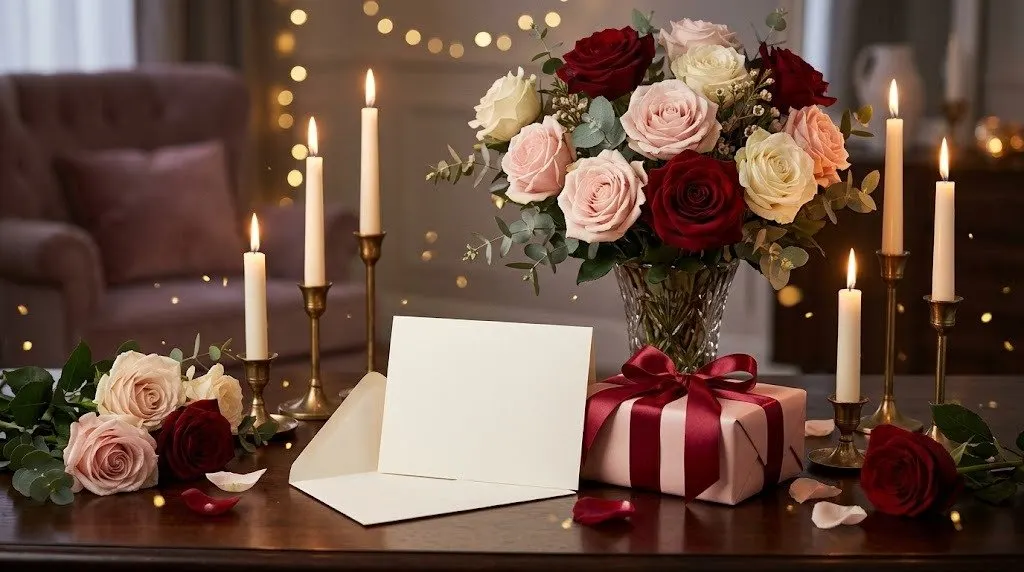 Blank cream greeting card propped open on a dark wood table beside red and pink roses, lit candles and a gift tied with burgundy ribbon