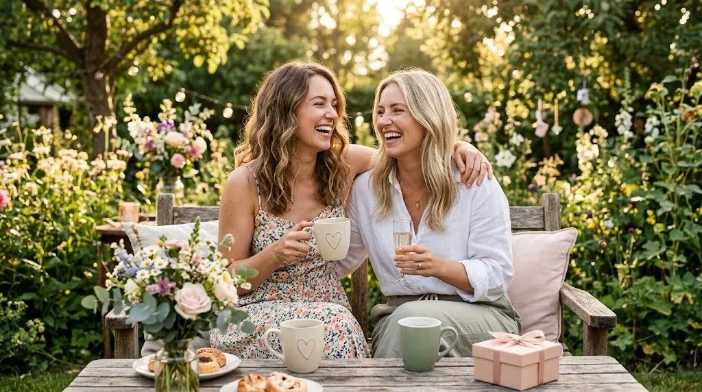 Two friends laughing together on a garden bench in evening sunlight, holding mugs, with flowers and a small pink gift on the table in front of them