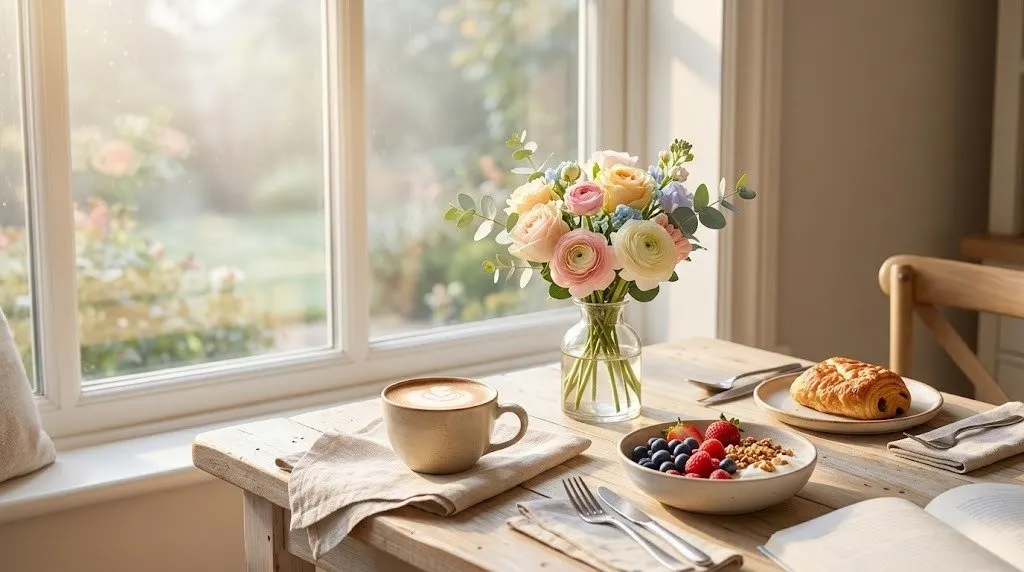 Sunlit breakfast table by a garden window with a latte, a bowl of berries and yoghurt, a pastry and a small vase of pastel roses