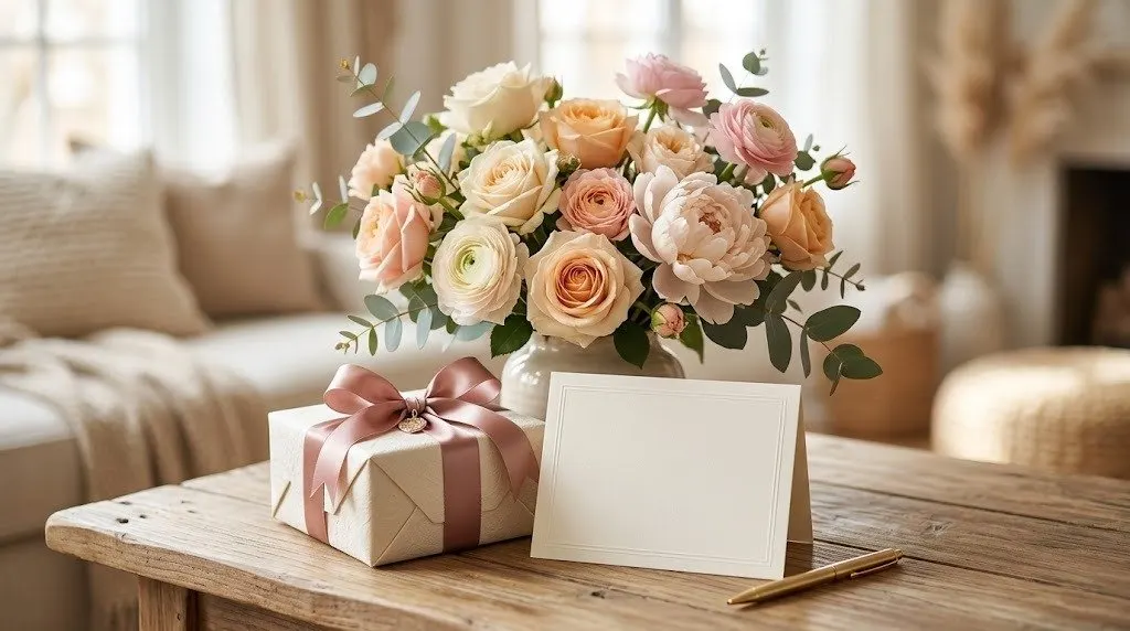 Blank thank-you card standing on a wooden table beside a gift tied with dusty pink ribbon and a vase of peach and cream roses