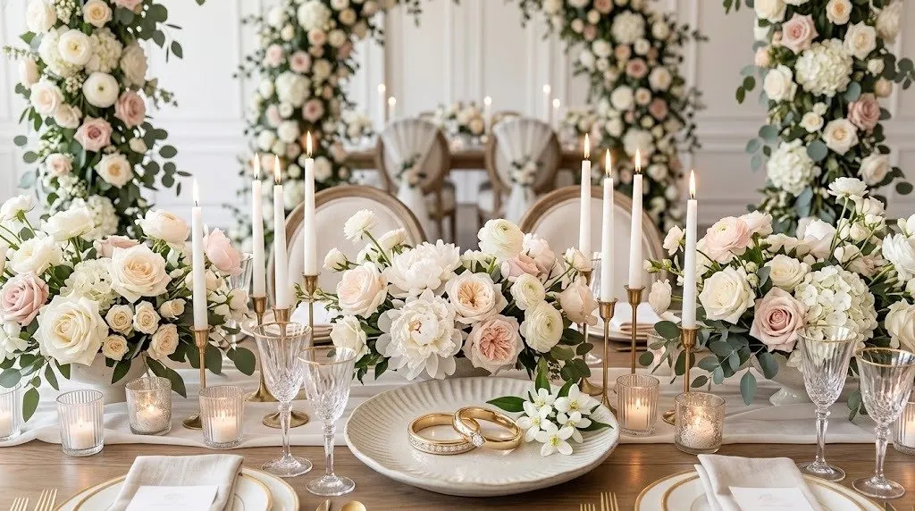 Wedding reception table dressed with white and blush roses, tall lit candles, and a pair of gold wedding rings resting on a plate